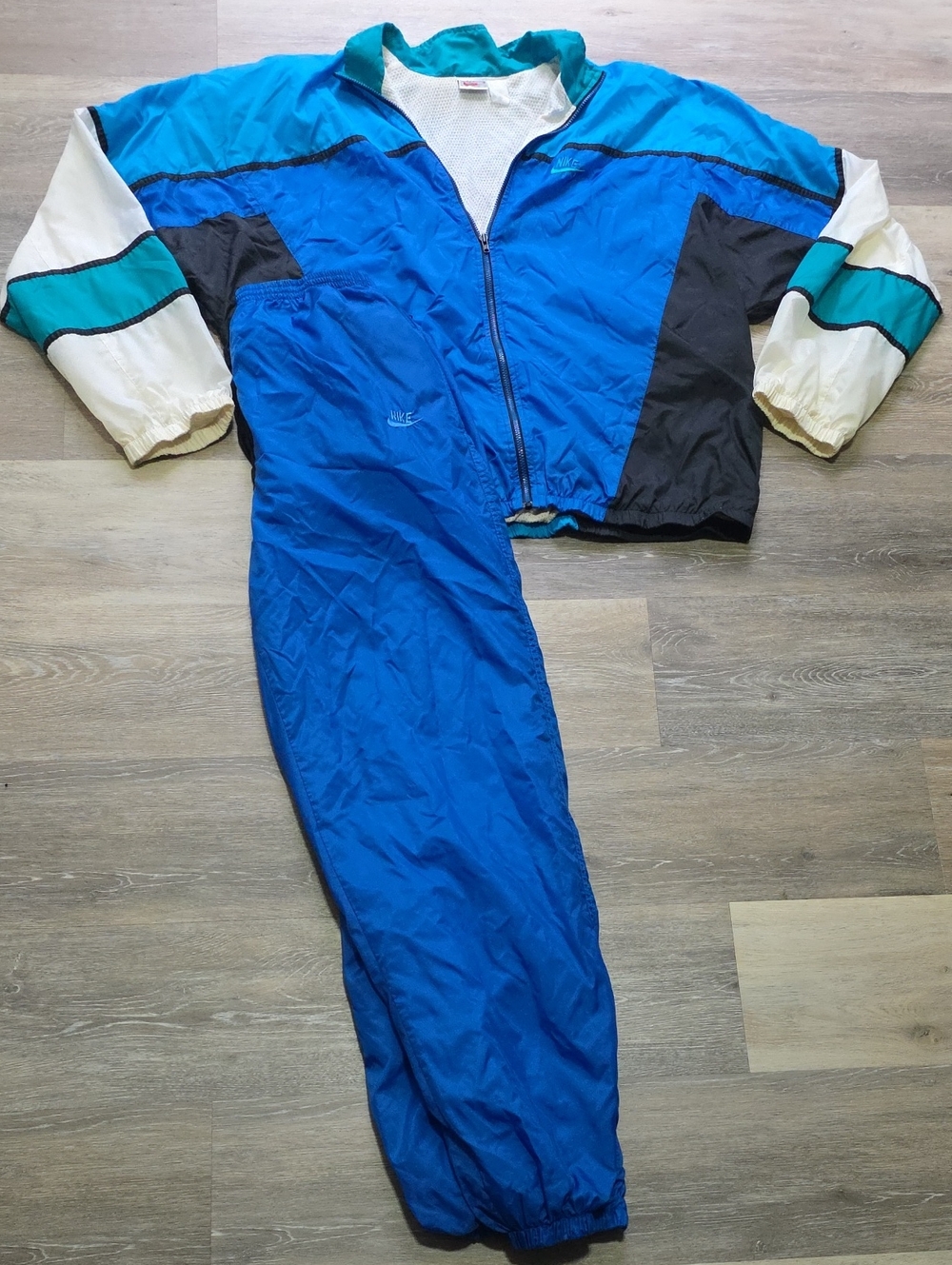 VNTG 90s Nike Colorblock Windbreaker Tracksuit Royal Blue Teal White Sz XL